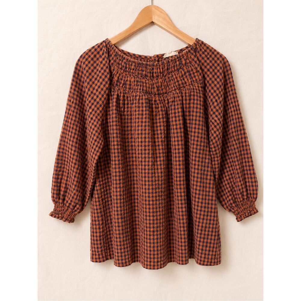 FatFace Gingham Peasant Blouse Womens US 12 Orange Navy Smocked Cotton Top